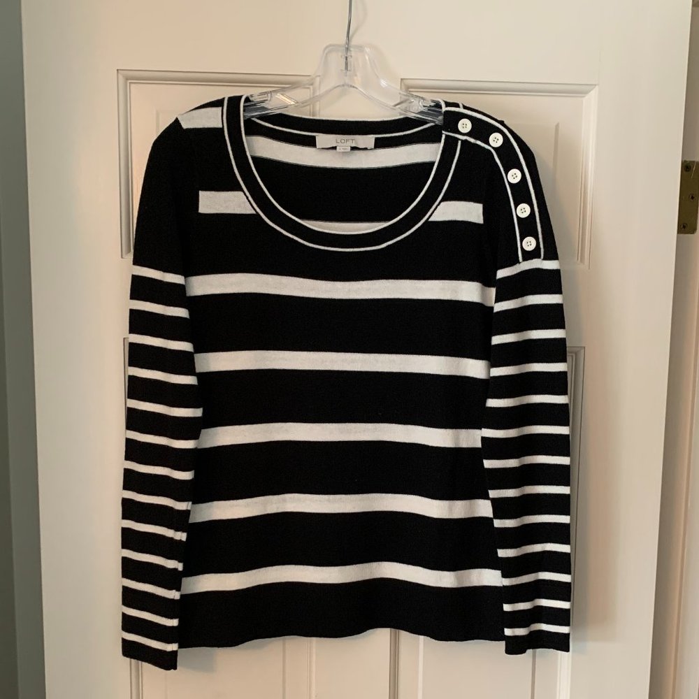 Ann Taylor LOFT Black/Ivory stripe sweater with Button detail - Size Small
